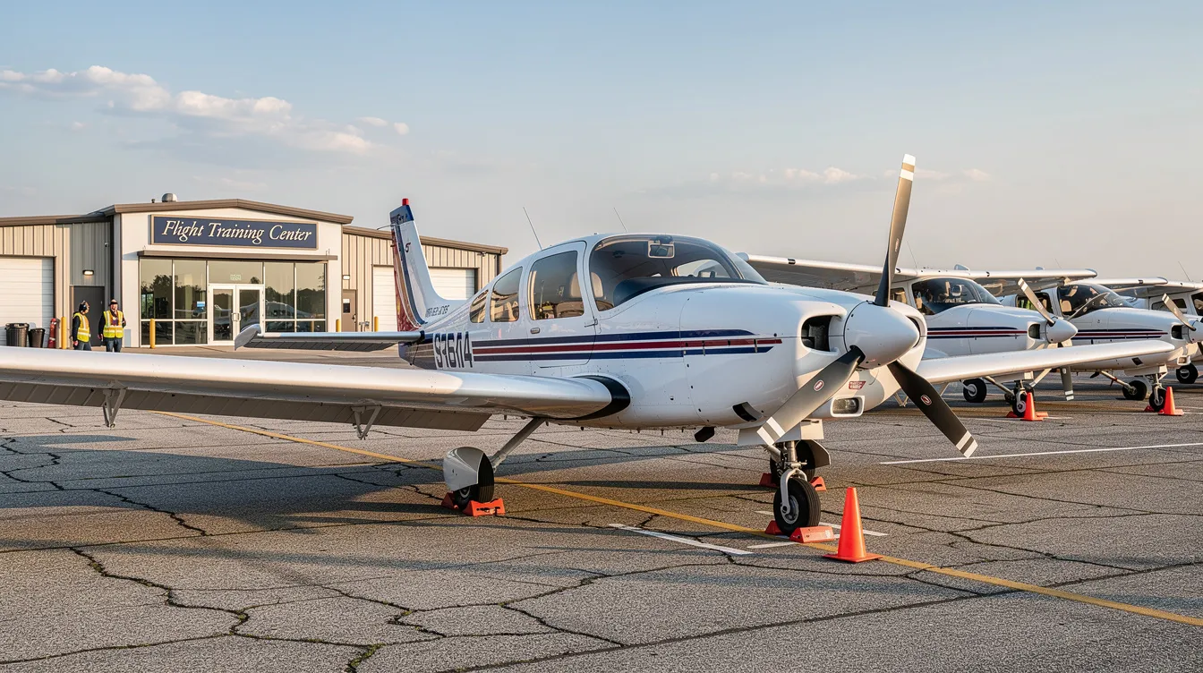 A small training aircraft is parked at a flight school facility, surrounded by instructional materials and equipment for student pilots. This setting highlights the focus on flight operations and training progress, essential for aspiring aviators at institutions like Embry-Riddle Aeronautical University.