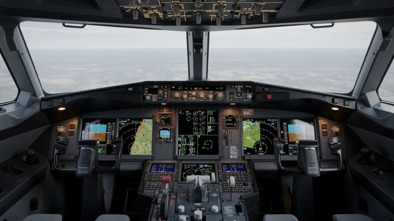 This image depicts a cockpit view showcasing modern avionics and flight displays, essential for flight operations and training progress in flight schools and flying clubs. The advanced instruments highlight the importance of safety and efficiency in managing flight scheduling and aircraft dispatch.