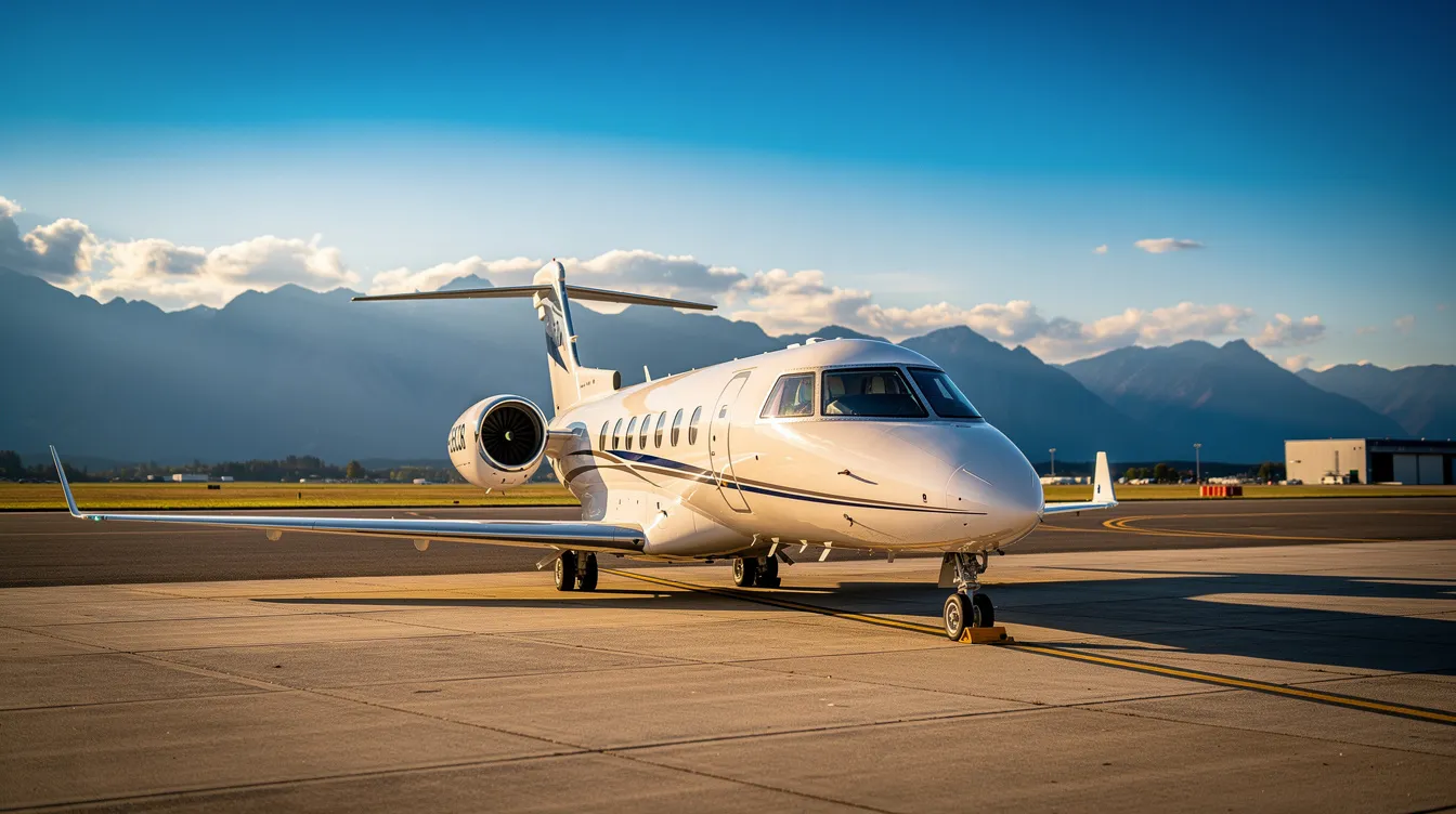 A small private jet is parked on a sunny tarmac at a regional airport, with majestic mountains in the background, creating a picturesque scene for travelers. This setting highlights the convenience of flying with companies like Jetstar Airways, offering low fares and a seamless experience for passengers.