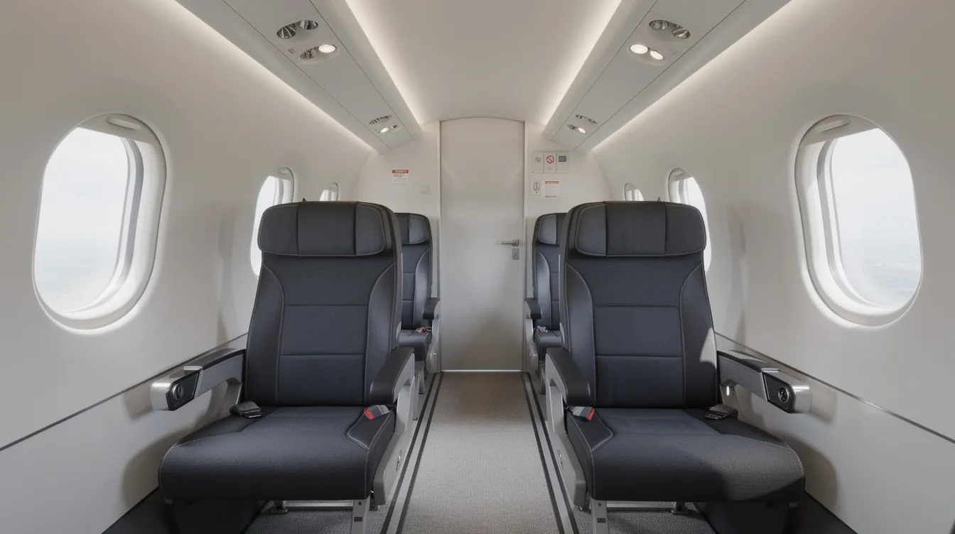 The image shows the interior of a small aircraft cabin designed for regional jets, featuring rows of economy class seats with limited leg room and large windows. This setup is typical for short flights, providing passengers with a cozy yet functional space as they prepare for takeoff.