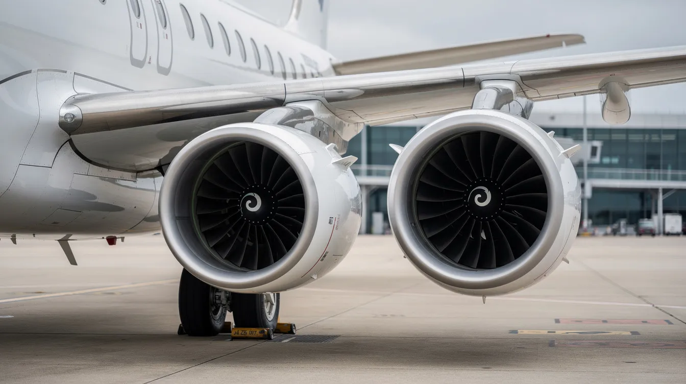The image shows twin turbofan engines mounted on the wings of a regional jet aircraft, specifically an Embraer ERJ model. This design is typical for airlines like American Airlines and Envoy Air, providing efficient performance for short and longer flights.