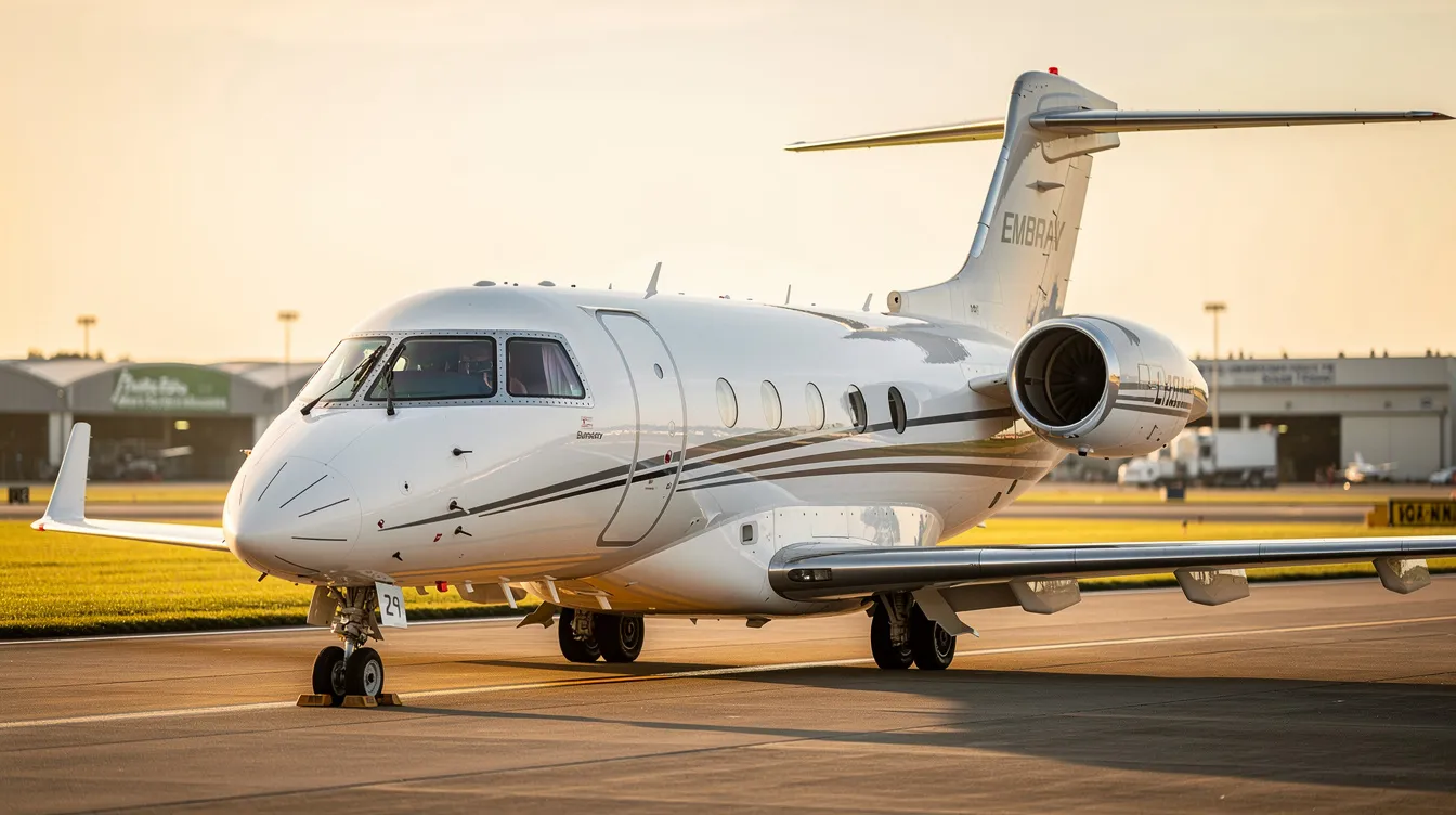 The image showcases the Embraer Legacy 450, a mid-size business jet designed for up to nine passengers, featuring a spacious cabin with a flat floor and advanced avionics. Known for its impressive capabilities, this private jet offers efficient travel for both business and leisure, with a maximum cruise speed and range that make it an ideal choice for business jet travelers.