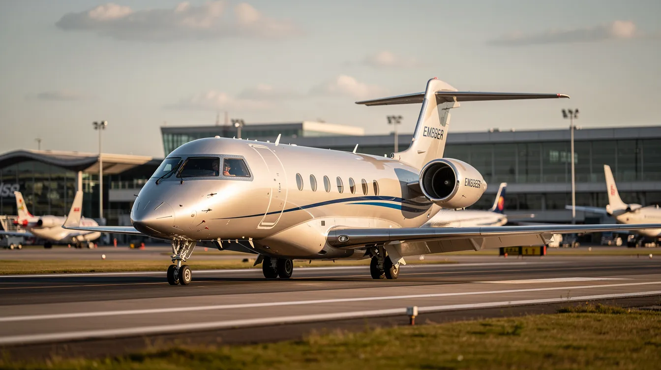 The image showcases the Embraer Legacy 450, a mid-size business jet designed for up to nine passengers, featuring a spacious cabin with a flat floor and advanced avionics. Known for its impressive capabilities, this private jet offers efficient travel for both business and leisure, with a maximum cruise speed and range that make it an ideal choice for business jet travelers.