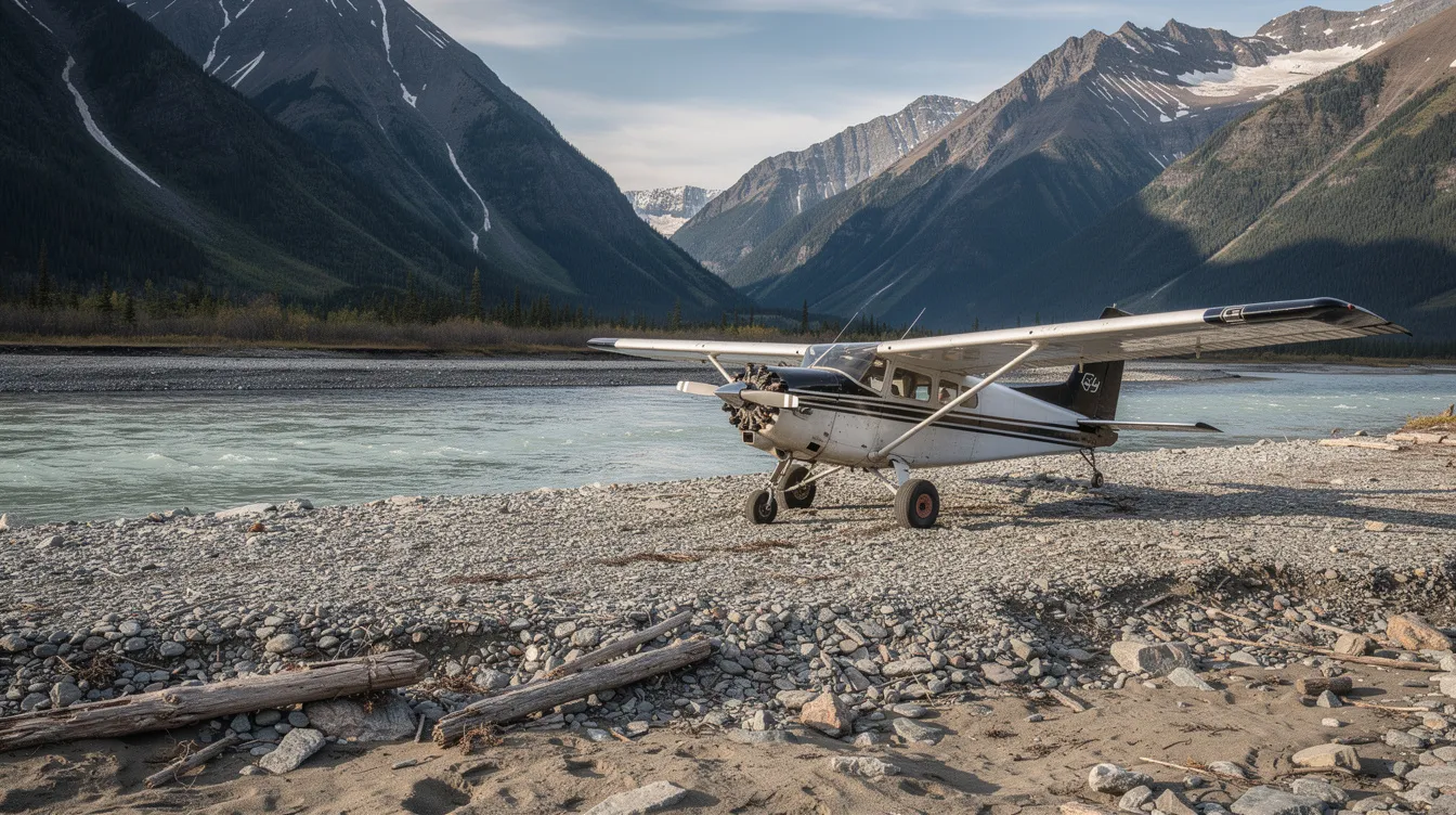 A single engine piston aircraft with tundra tires is parked on a gravel riverbar surrounded by rugged Alaskan mountains, showcasing its capability as a versatile and efficient utility plane for student pilots and experienced flyers alike. The tailwheel design emphasizes its ability to operate on very little runway, making it ideal for remote landings in challenging terrain.