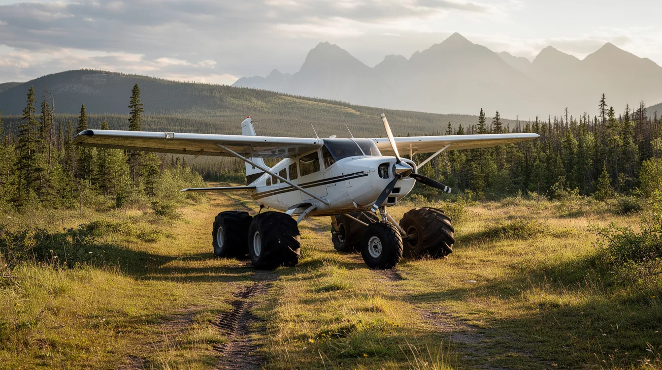 A small single engine piston aircraft with oversized tundra tires is parked on a short grass airstrip, surrounded by lush wilderness. The rugged performer is designed for operations in remote areas, showcasing its utility and capability for student pilots and many pilots alike.