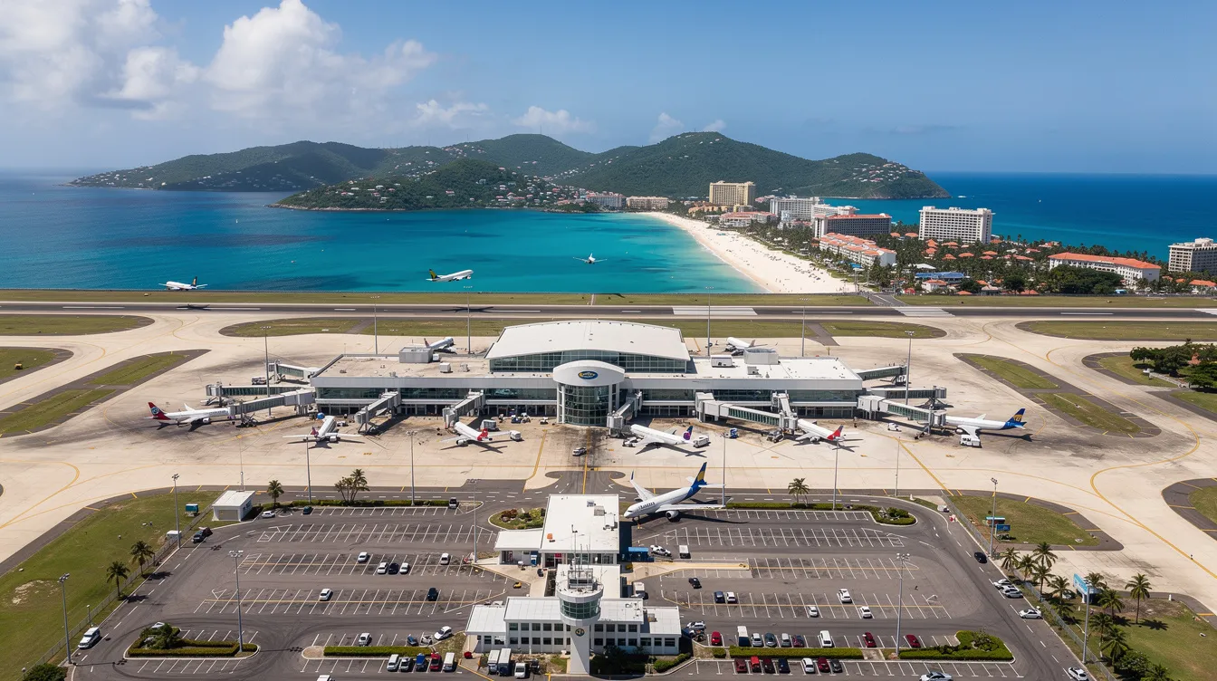 The image showcases Sangster International Airport (MBJ) in Montego Bay, a bustling gateway for international flights to and from Jamaica. The airport features modern architecture, with travelers arriving and departing, along with various ground transportation options available for visitors heading to nearby resorts and attractions.