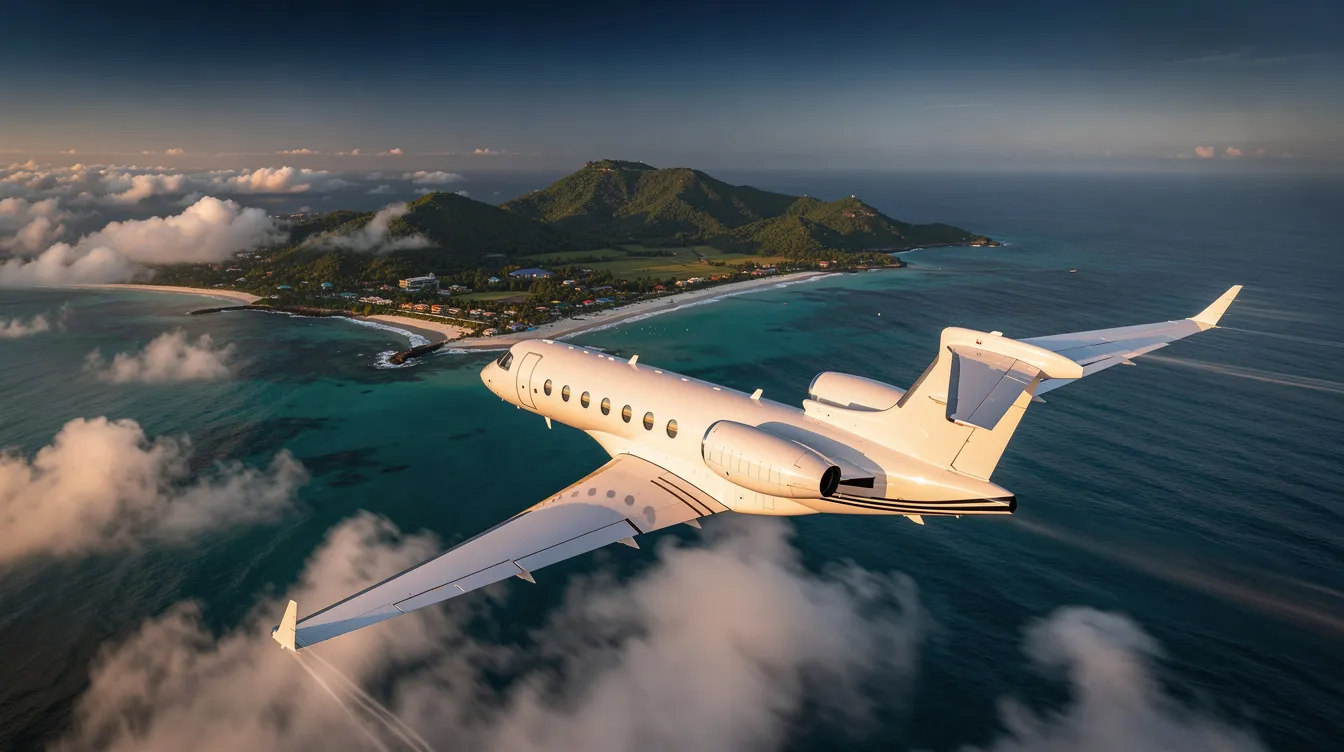 A private jet is soaring through the sky towards Jamaica, with the Caribbean Sea glistening below. Upon arrival, travelers will have access to three international airports, including Sangster International Airport in Montego Bay and Norman Manley International Airport in Kingston, making it convenient for visitors to explore the island's stunning resorts and scenic locations.