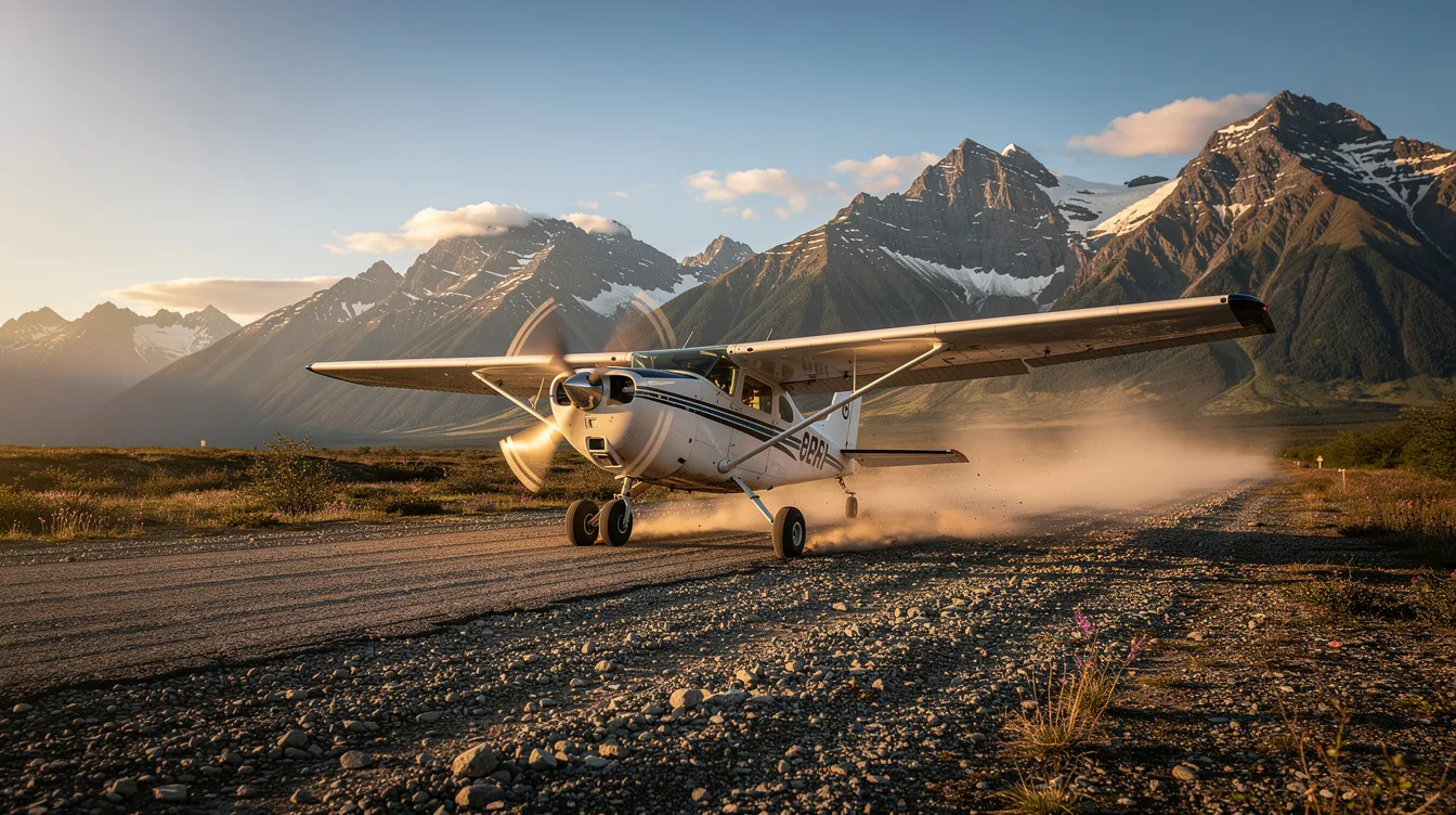 A small Cessna 206 aircraft with fixed landing gear is taking off from a gravel airstrip, surrounded by rugged mountains in the background. The plane, designed for general aviation and personal use, showcases its powerful engine and spacious cabin capable of accommodating five passengers.