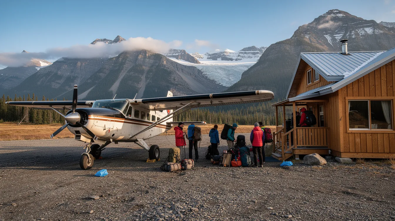 A Cessna U206F bush plane with fixed landing gear is parked near a remote mountain lodge, where five passengers are loading their gear into the spacious passenger compartment. The rugged construction of the aircraft is evident as it stands ready for its next flight, surrounded by the serene mountain landscape.