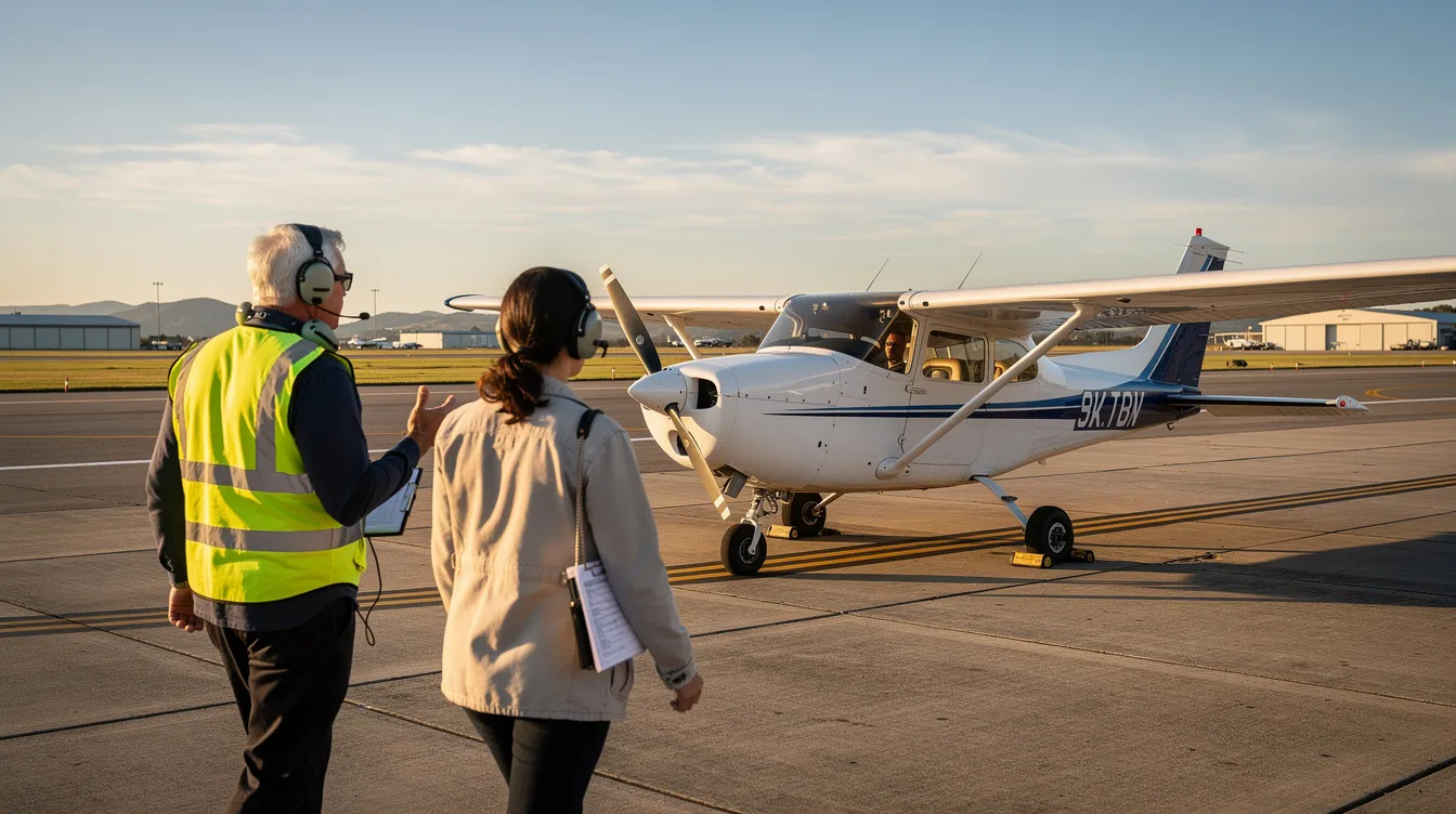 A Cessna 172 Skyhawk, a popular training aircraft known for its stable flight characteristics, is parked on the runway as an instructor and a student pilot walk toward it, preparing for their flight training session. The modern Cessna, equipped with advanced features like the Garmin G1000, is an ideal choice for student pilots learning to fly.