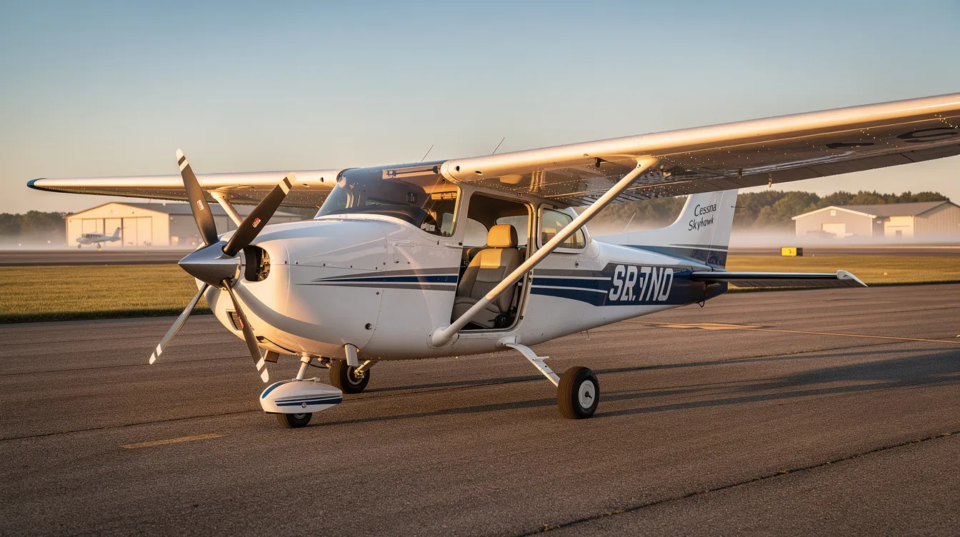 The image features a Cessna 172S Skyhawk, a popular training aircraft known for its stable flight characteristics and reliability, making it a favorite among flight schools and student pilots. The modern design includes a spacious interior and is equipped with advanced systems like the Garmin G1000, showcasing its status as one of the most successful aircraft in aviation history.