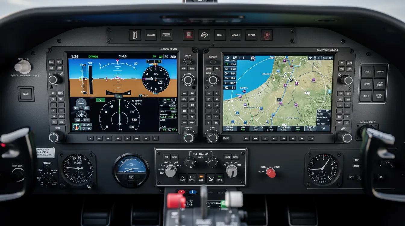 The image depicts a modern glass cockpit instrument panel of a Cessna 172 Skyhawk, featuring dual LCD screens that provide essential flight data for student pilots and instructors. This advanced cockpit design enhances safety and reliability, making it ideal for flight training in one of the most successful aircraft models in history.