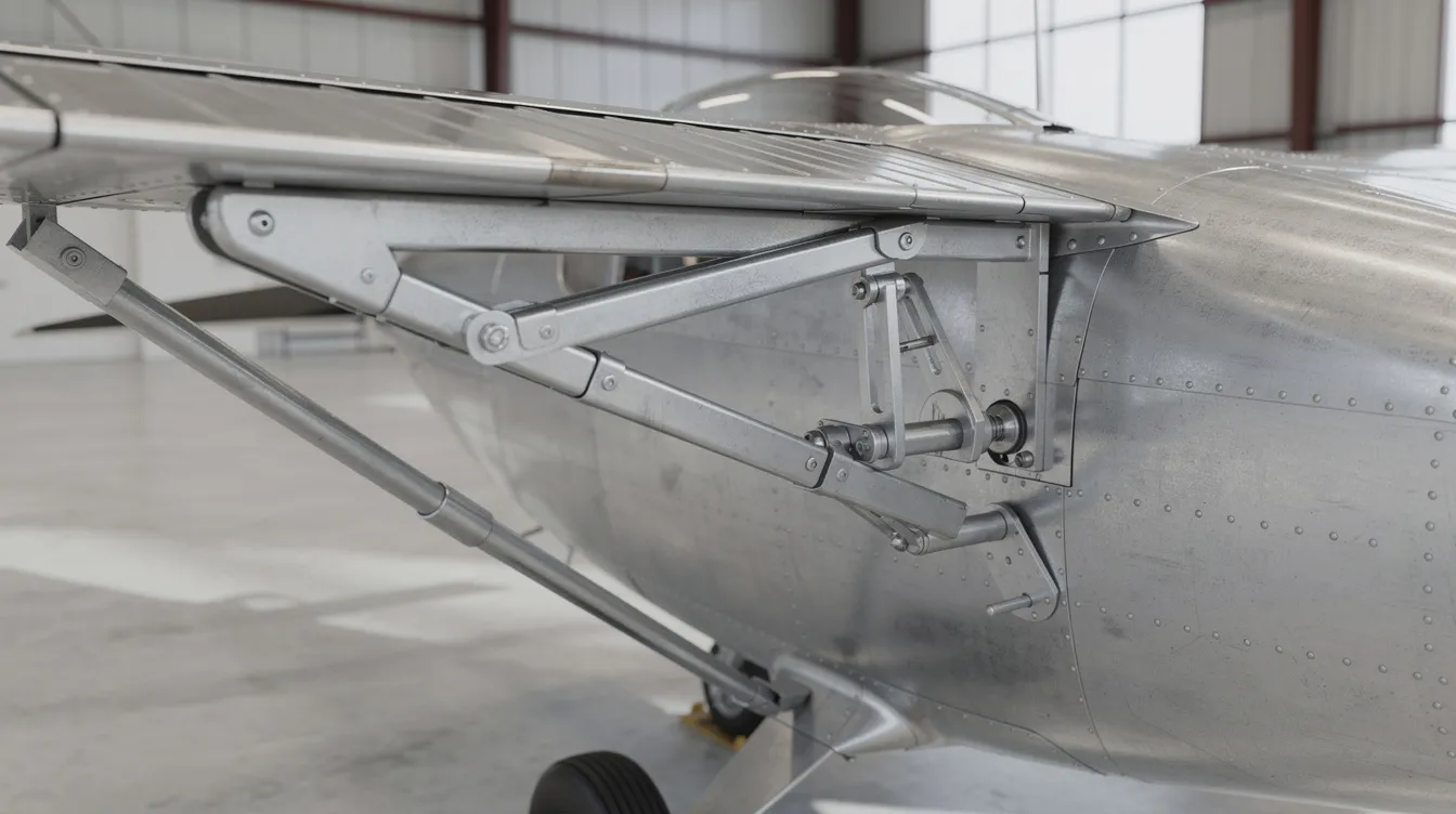 The image showcases a folding wing mechanism on a small aluminum aircraft, highlighting its innovative design suited for ultralight aviation. This single seat aircraft features a compact structure, ideal for efficient flight while adhering to FAA regulations.