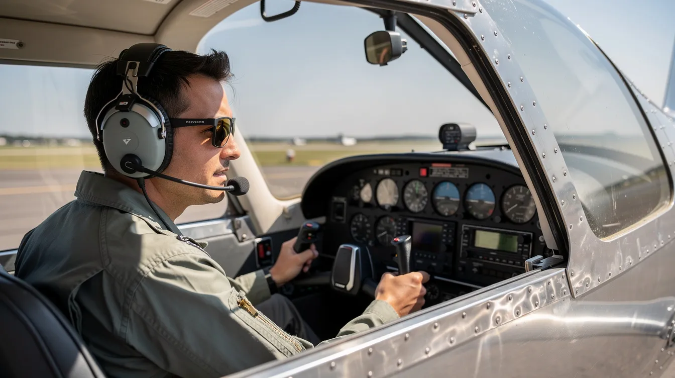 A pilot is seated in the cockpit of a small aluminum ultralight aircraft, designed as a single seat aircraft for high performance and efficiency. The cockpit features essential instruments like an airspeed indicator, and the aircraft is equipped with a folding wing design for easy storage and transport.