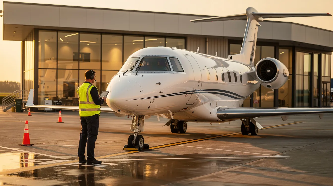 A ground crew member stands beside a sleek private jet at a Fixed Base Operator (FBO) terminal, ready to assist with the private flight's preparations. The scene highlights the bustling environment of private aviation, where tracking private jets and ensuring smooth operations are essential for aircraft owners and aviation enthusiasts alike.