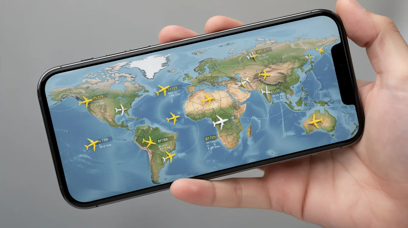 A smartphone screen shows a live flight tracking map featuring multiple icons representing private jets in real-time, providing users with accurate flight data and aircraft positions. This tool is invaluable for tracking private flight activity and monitoring specific private jets, enhancing the experience for aviation enthusiasts and fleet managers alike.