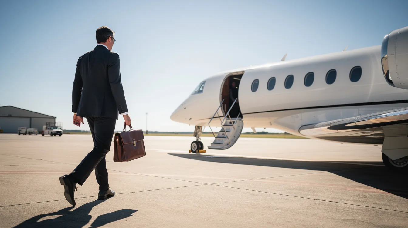 A business traveler carrying a briefcase approaches a small, single engine piston aircraft on a sunny tarmac, ready to embark on their aviation journey. The beautiful aircraft, with its low wing design, awaits for takeoff under the clear blue skies.