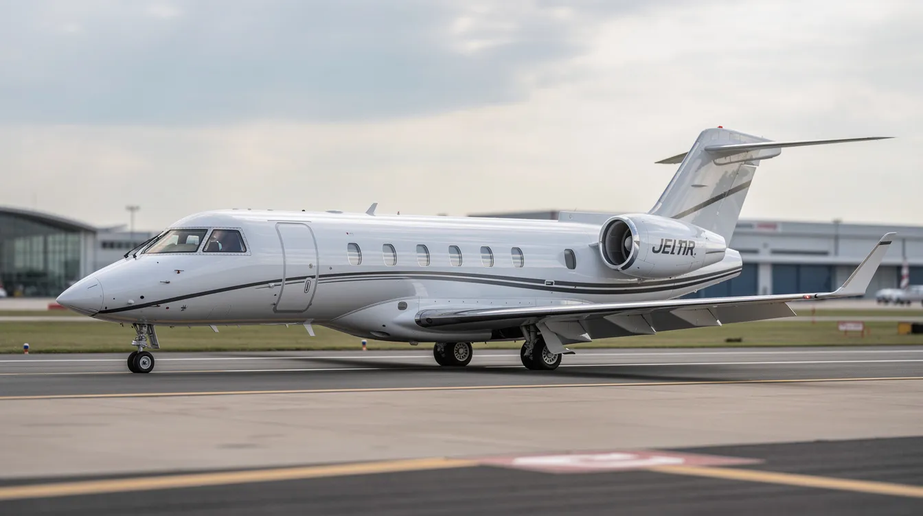 A sleek midsize jet is captured from a side angle as it sits on the runway, ready for takeoff at an international airport. This private jet exemplifies luxury travel, making it an ideal choice for private jet charter flights to destinations like the Bahamas.