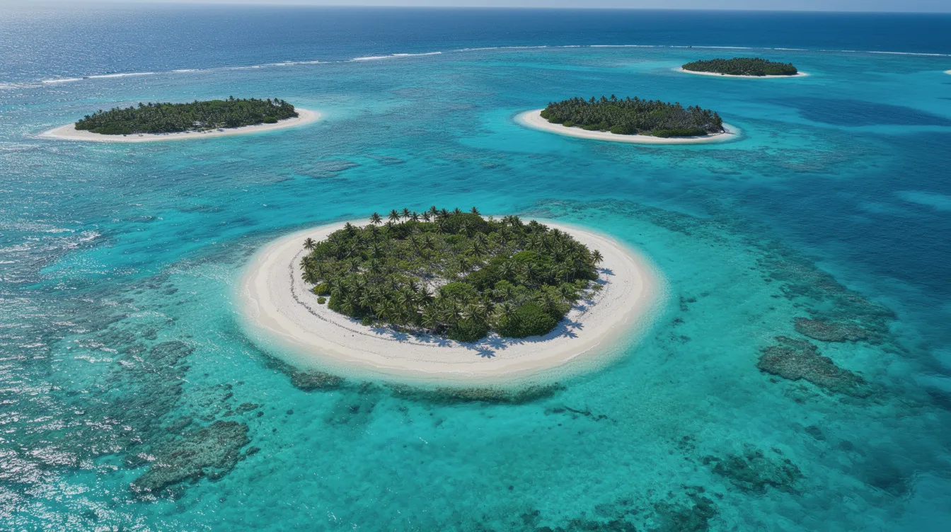 An aerial view captures the stunning turquoise waters surrounding small islands in the Bahamas, highlighting the beauty of this Caribbean paradise. The image evokes thoughts of luxury travel and private jet charter flights, ideal for those looking to explore these idyllic destinations.