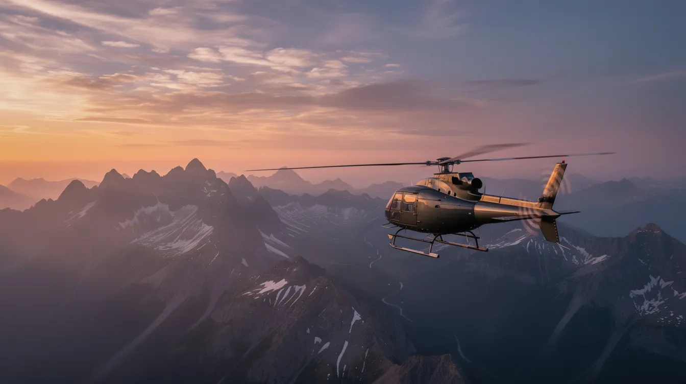 A helicopter is flying gracefully over rugged mountainous terrain during a vibrant sunset, showcasing its advanced avionics and hot and high performance capabilities. This stunning scene highlights the aircraft's reliability and versatility, making it an ideal choice for various missions, including news gathering and surveillance.