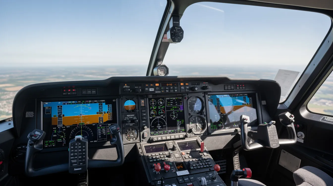 The image depicts a helicopter cockpit featuring modern digital instruments and advanced avionics, designed for enhanced flight performance. This immaculate condition cockpit is equipped to support various missions, showcasing the reliability and technology found in both turbine and piston helicopters.