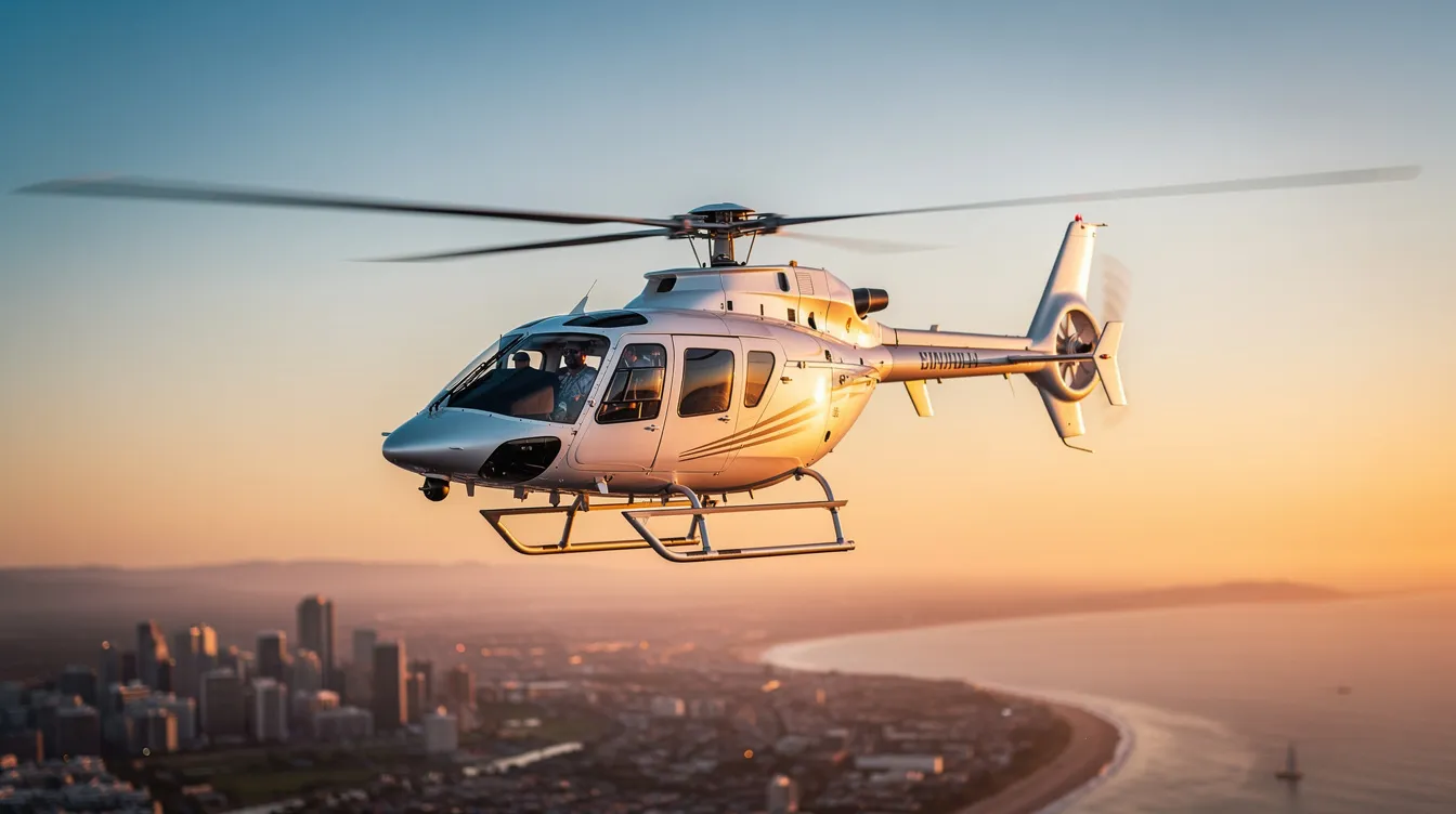 The image depicts a sleek private helicopter, showcasing its immaculate condition and advanced avionics. This turbine helicopter is designed for hot and high performance, making it ideal for various missions, including surveillance and news gathering, with ample space for passengers and a reliable engine configuration.