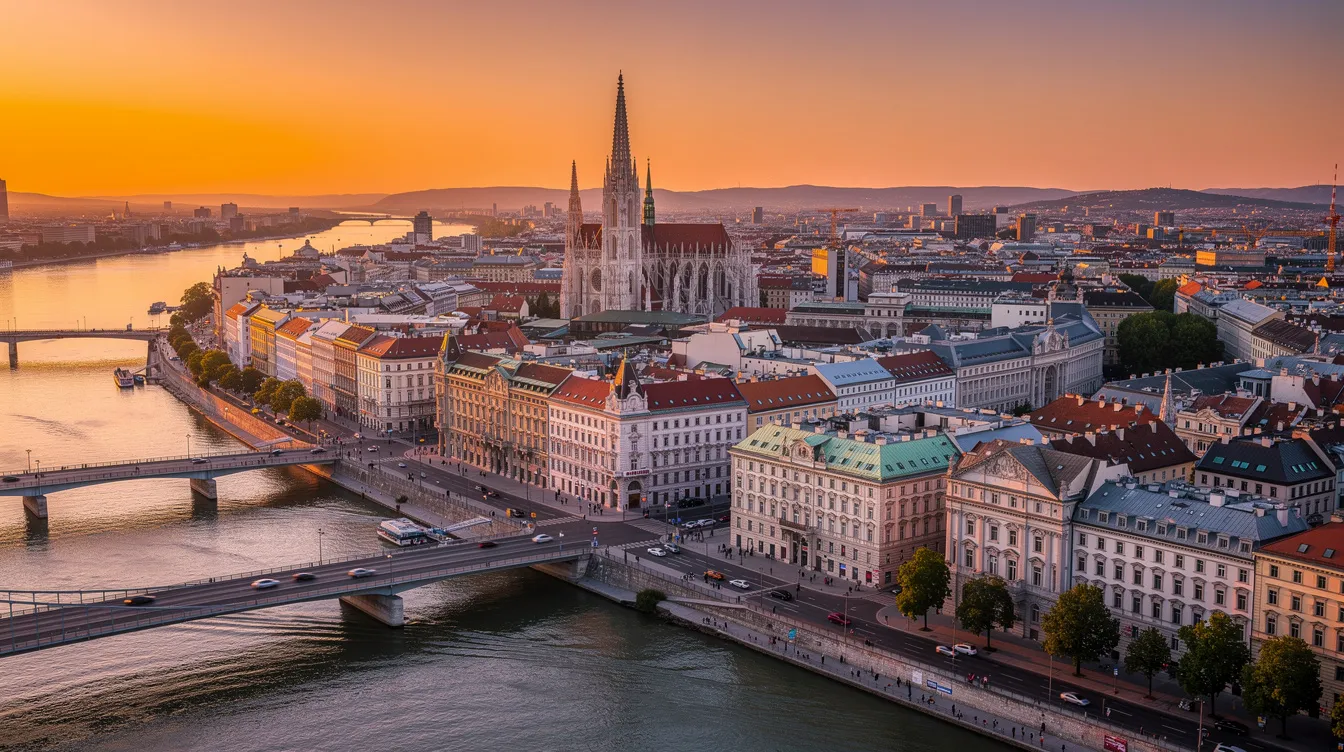 An aerial view captures Vienna's city center along the Danube River at sunset, showcasing the beautiful skyline and rich history of this UNESCO World Heritage site. The warm hues of the setting sun illuminate iconic landmarks, including the Vienna State Opera and Schönbrunn Palace, creating a breathtaking scene in Austria's capital.