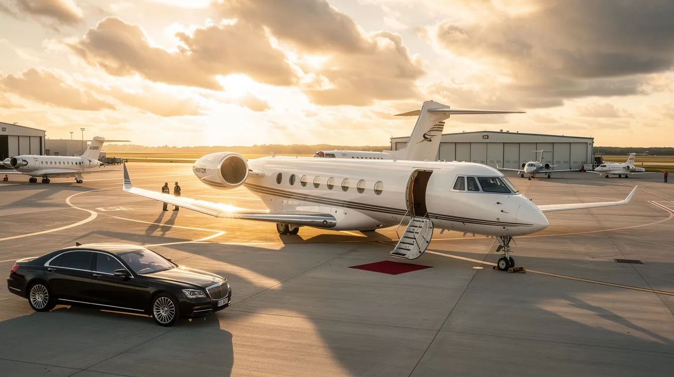 The image showcases a sleek private jet parked at Vienna International Airport, highlighting the exclusive terminal that caters to luxury travelers. In the background, the rich history of Vienna can be seen with landmarks like the Schönbrunn Palace and the Danube River, emphasizing the city's status as an ideal hub for private aviation in Europe.