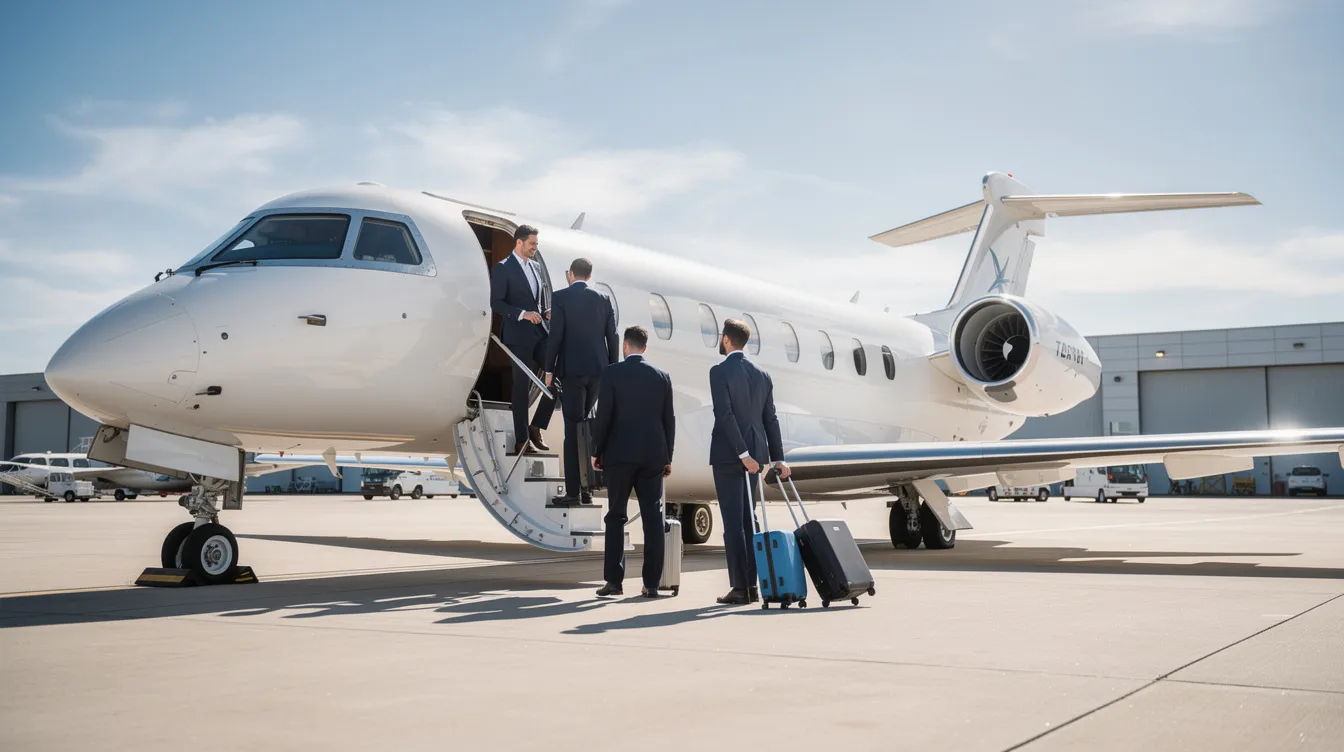 A group of business travelers in suits are boarding a small private jet on a sunny day, ready to embark their journey. The light aircraft, featuring modern avionics and efficient performance, stands ready on the tarmac, showcasing the convenience and luxury of personal aviation.
