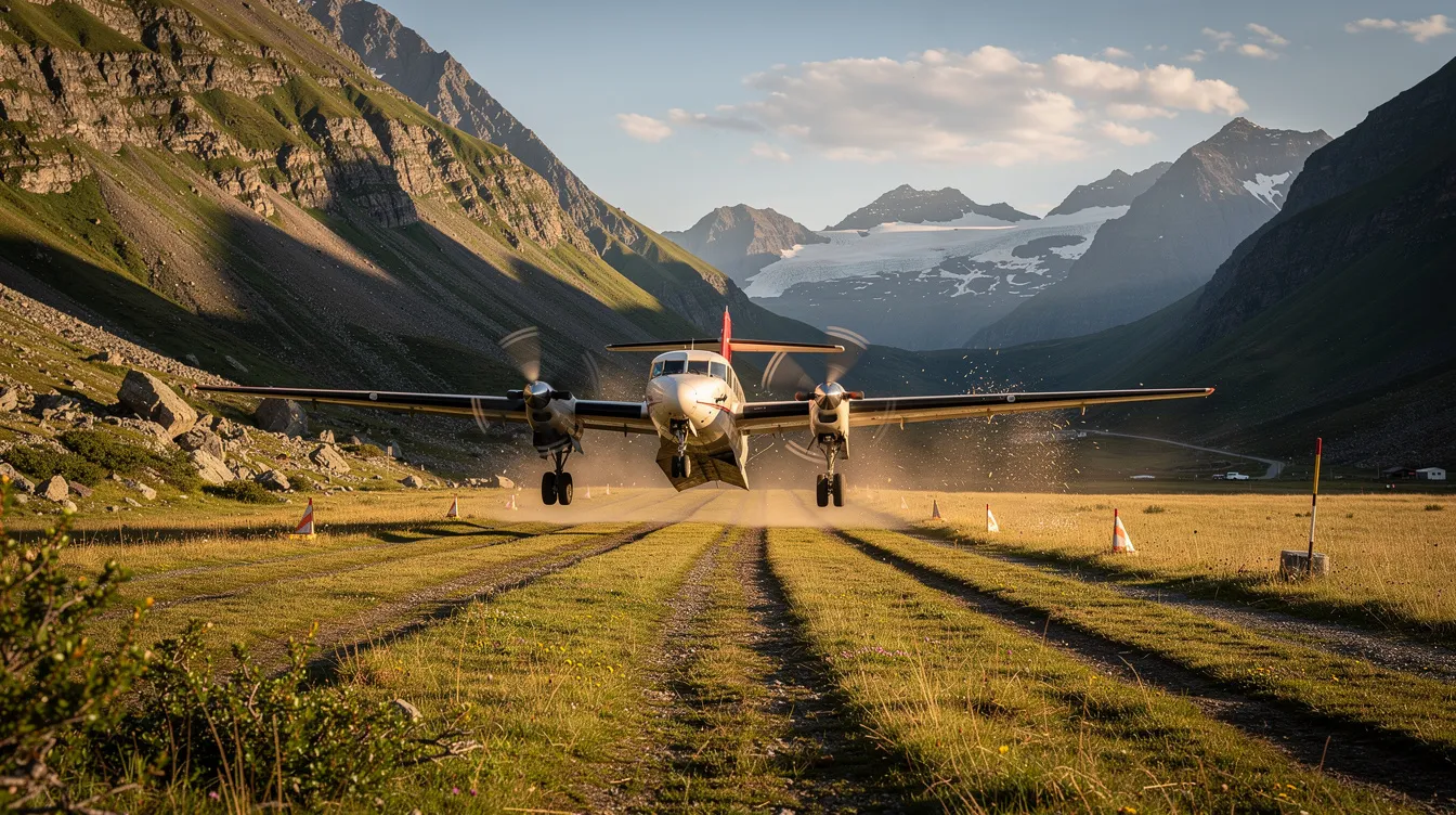 A turboprop aircraft is landing on a short grass runway surrounded by mountainous terrain, showcasing its efficient performance and capability as a light aircraft. The scene captures the essence of personal aviation and the unique blend of technology and safety that modern aircraft offer for pilots in training.