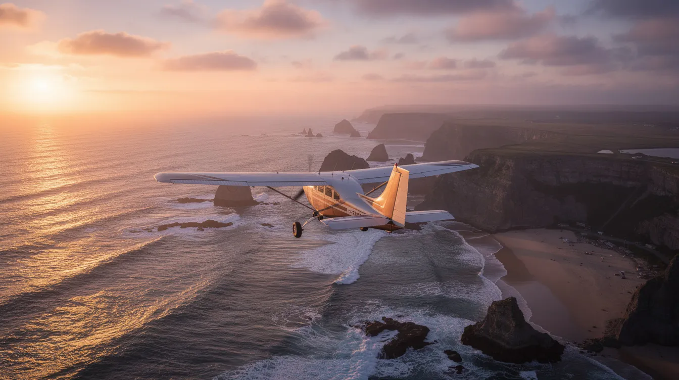 An aerial view captures a small aircraft, possibly a light sport aircraft or single engine piston aircraft, gracefully flying over a picturesque coastline at sunset. The vibrant colors of the sky blend beautifully with the ocean below, highlighting the aircraft's efficient performance and cruising speed as it soars through the tranquil skies.