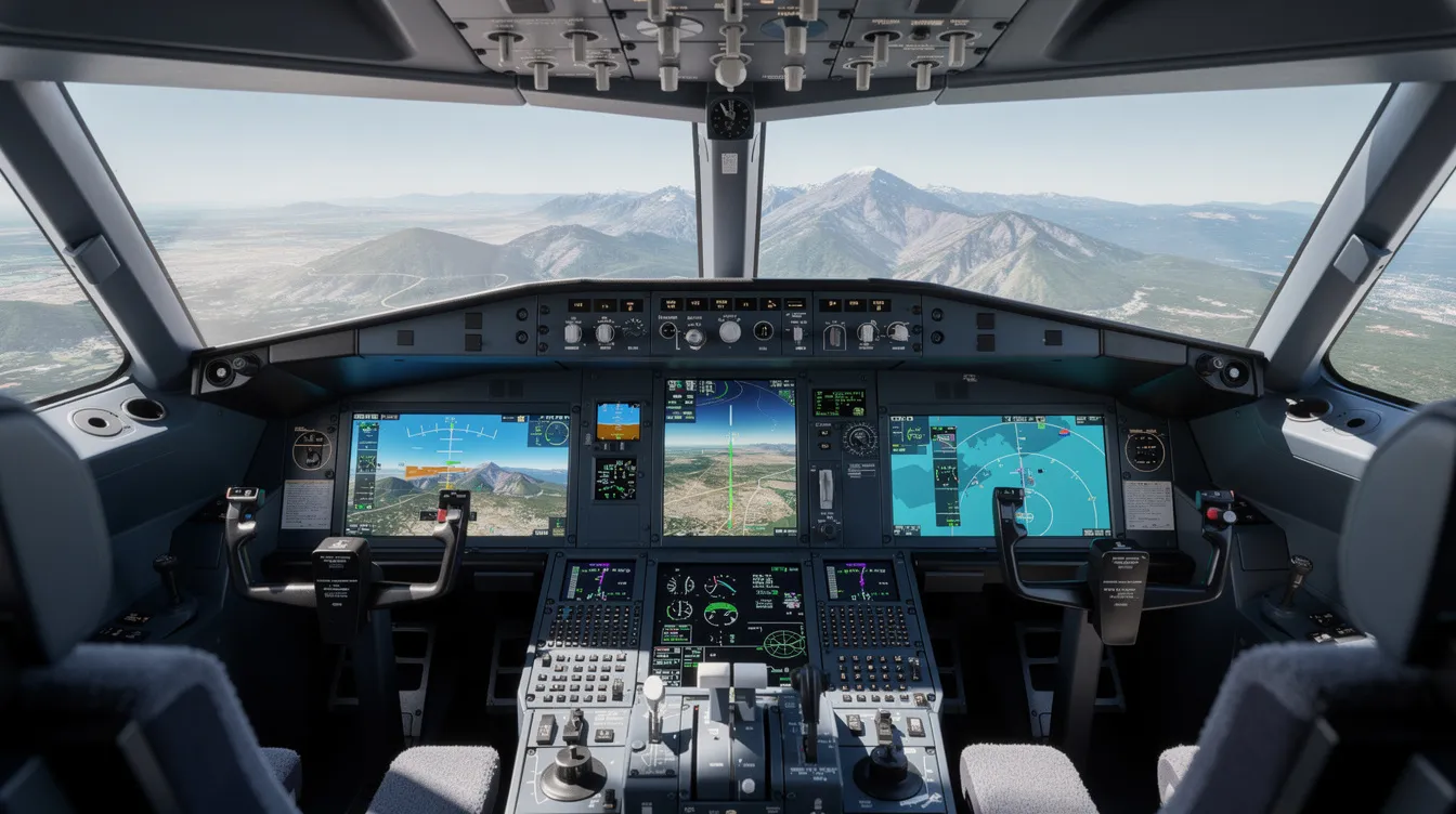 The image depicts a modern glass cockpit featuring a synthetic vision display and advanced digital avionics, designed for small aircraft such as light sport and single-engine piston aircraft. This cockpit setup enhances pilot training and operational efficiency, ensuring a safe and reliable flying experience.