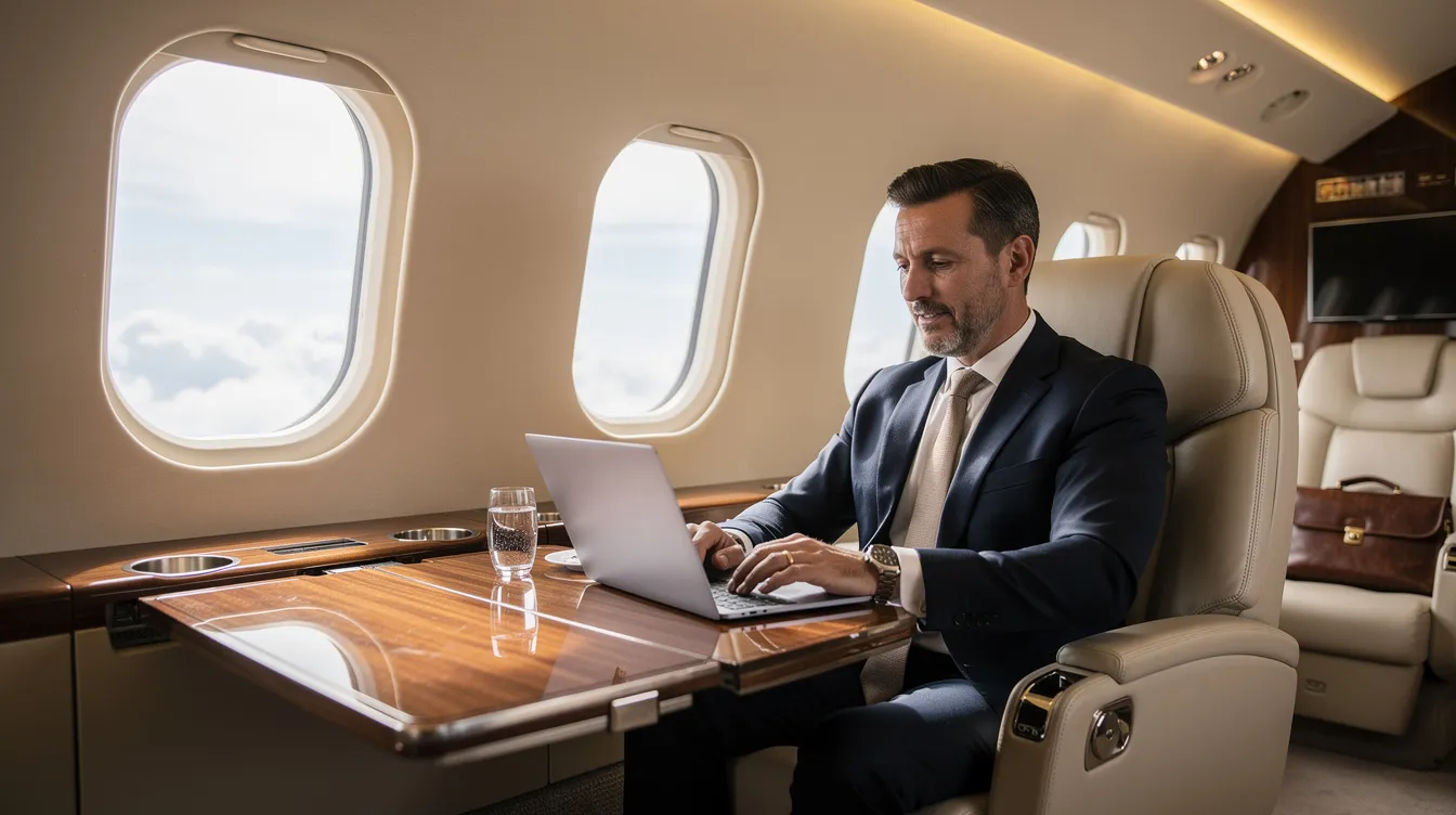 A business executive is focused on their laptop inside the luxurious cabin of a private jet, showcasing the comfort and efficiency of business aviation. The spacious interior reflects the high-end design typical of large business jets, providing an ideal workspace for professionals on the go.