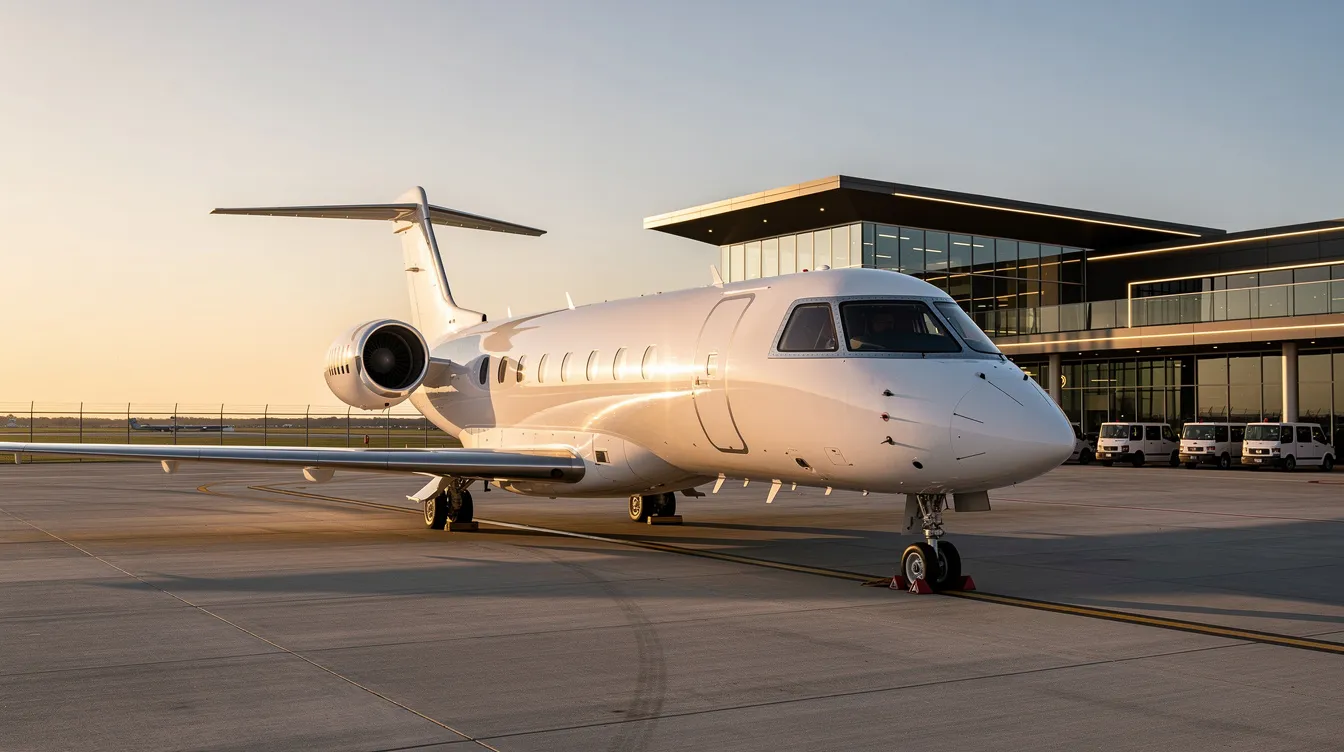 A modern business jet is parked on the tarmac at a private terminal, showcasing sleek lines and a polished exterior, representing the luxury and efficiency of business aviation. The aircraft is ready for its next flight, emphasizing the world of private jets and corporate travel.