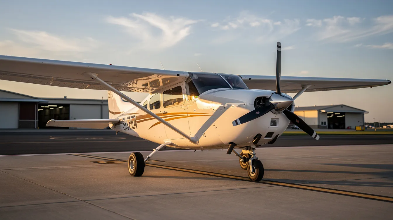 The image features a new Cessna 182, a versatile four-seat private aircraft known for its high wing design and excellent visibility. This model boasts upgraded avionics systems, including the Garmin G1000 NXi, and is popular among flight schools and charter operators for its reasonable maintenance costs and fuel efficiency.