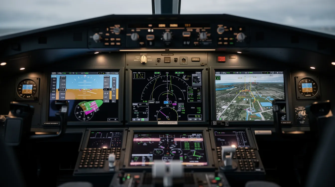 The image shows a close-up view of a modern glass cockpit featuring advanced flight displays and navigation screens, highlighting the upgraded avionics systems commonly found in versatile aircraft like the Cessna 182. This cockpit design ensures excellent visibility and ease of operation for seasoned pilots during flight.