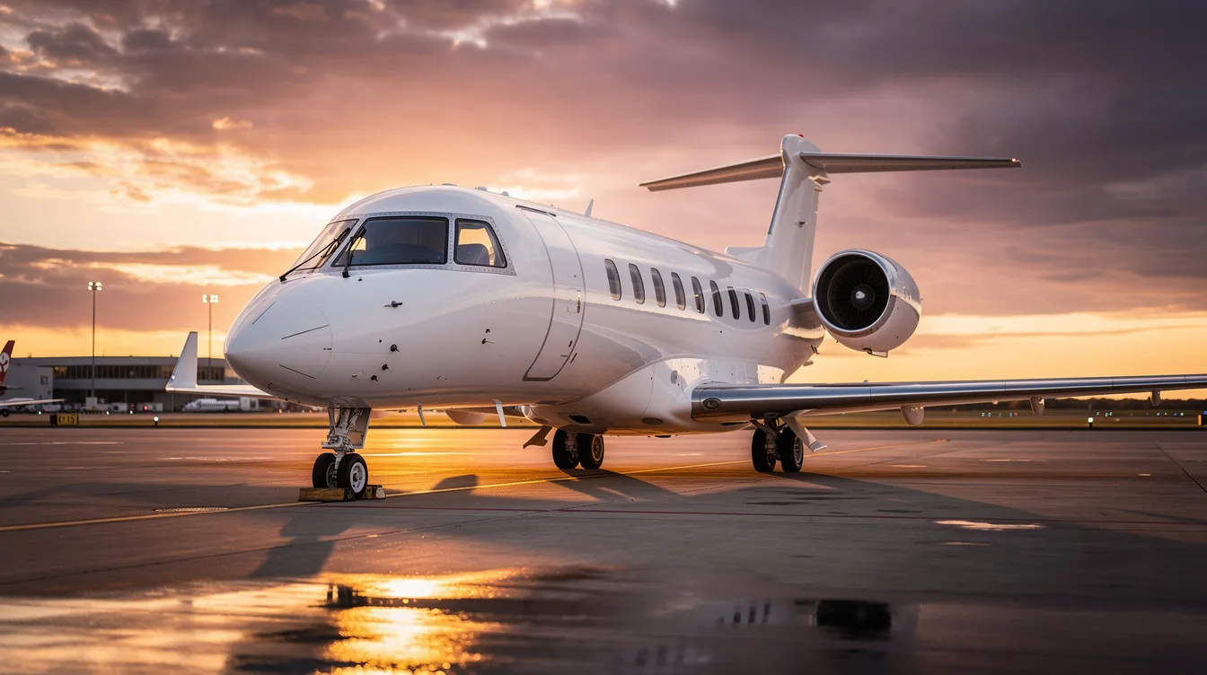 A private jet, specifically a Cessna 182, is parked on the airport tarmac during a vibrant sunset, showcasing its high wing design and sleek body. This versatile aircraft is known for its reasonable maintenance costs and fuel efficiency, making it a popular choice among general aviation enthusiasts and charter operators.