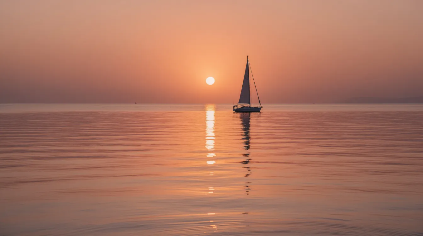 A stunning sunset casts an orange glow over calm ocean waters, with the silhouette of a sailboat gently gliding across the horizon. This picturesque scene captures the essence of a Florida Keys vacation, inviting viewers to imagine the tranquil beauty of Key West and its vibrant surroundings.