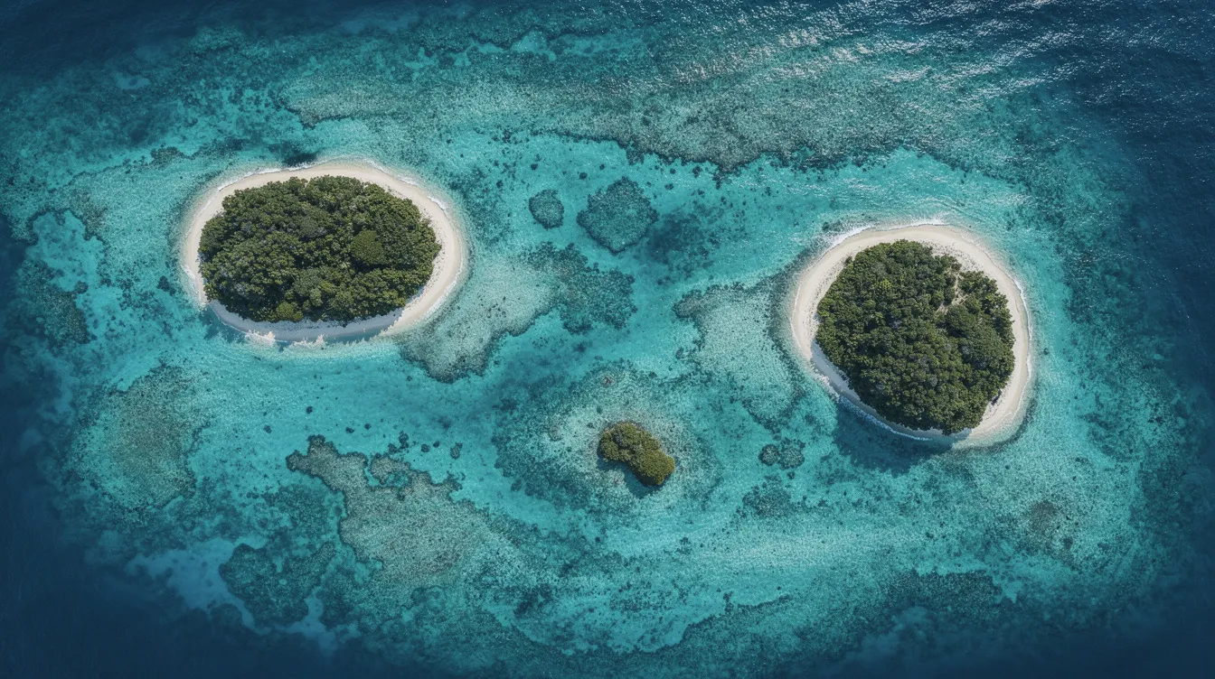 An aerial view captures the stunning turquoise ocean waters of the Florida Keys, surrounded by small green islands and vibrant coral formations visible beneath the surface. This picturesque scene highlights the natural beauty of the area, perfect for a memorable keys vacation.