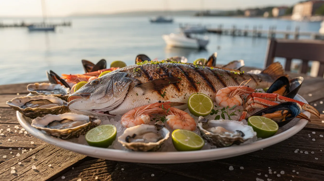 A fresh seafood platter featuring grilled fish garnished with key lime is elegantly displayed on a waterfront restaurant table, capturing the essence of a Florida Keys vacation. The scenic view of turquoise waters enhances the dining experience, making it a perfect choice for those exploring Key West or enjoying local seafood delicacies.