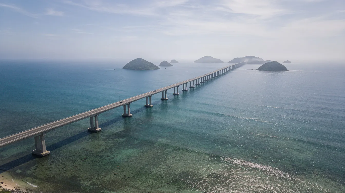 A long bridge stretches over the turquoise waters of the ocean, connecting the beautiful islands of the Florida Keys, with small islands visible in the distance. This scenic overseas highway offers stunning views and is a perfect representation of a Florida Keys vacation, inviting travelers to explore the vibrant coral reefs and enjoy water sports.