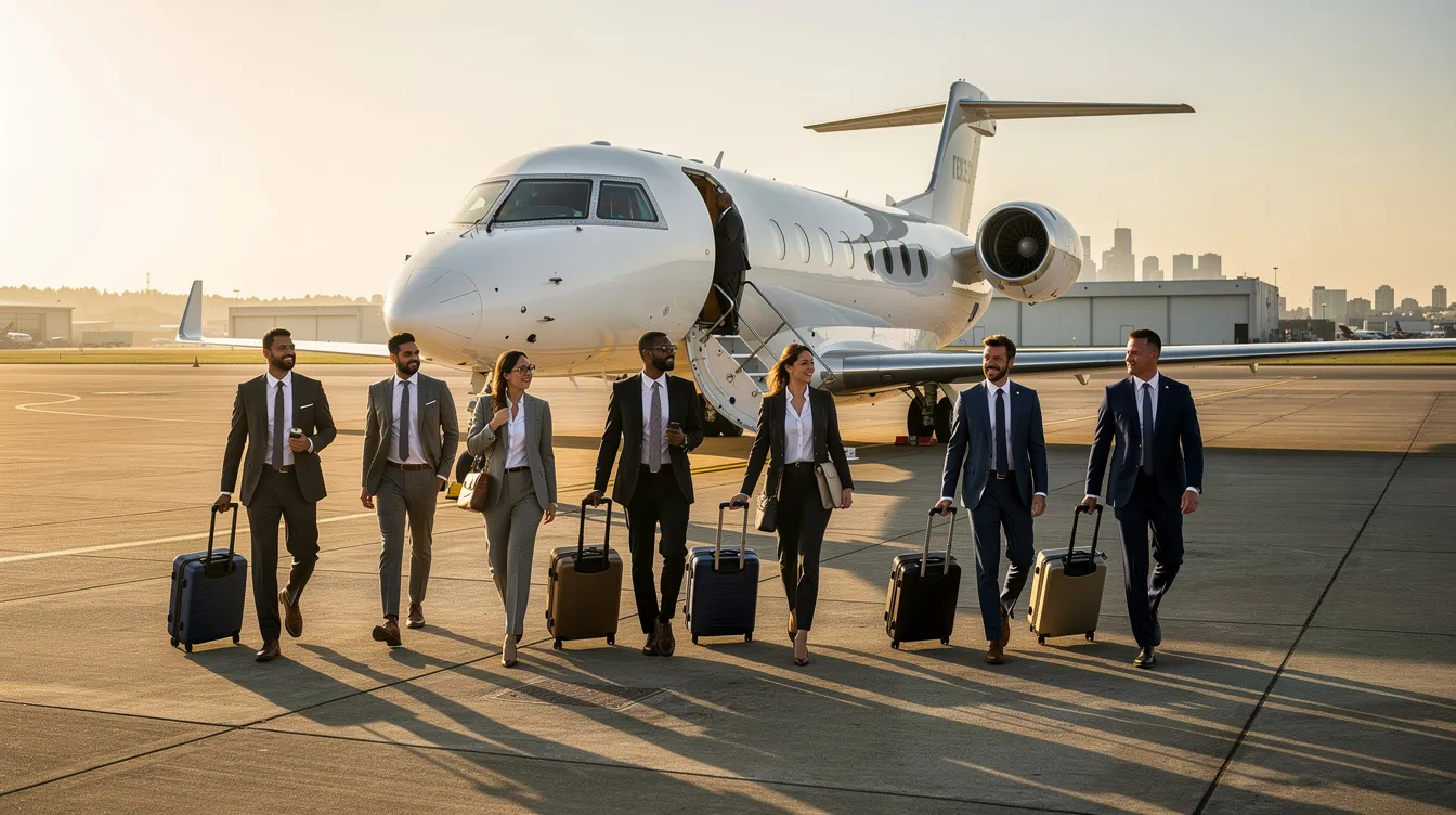 A group of business travelers is walking toward a luxury private jet on the tarmac, ready to embark on their journey. The sleek aircraft, designed for comfort and efficiency, showcases the benefits of private aviation, including access to smaller airports and time savings for serious buyers.