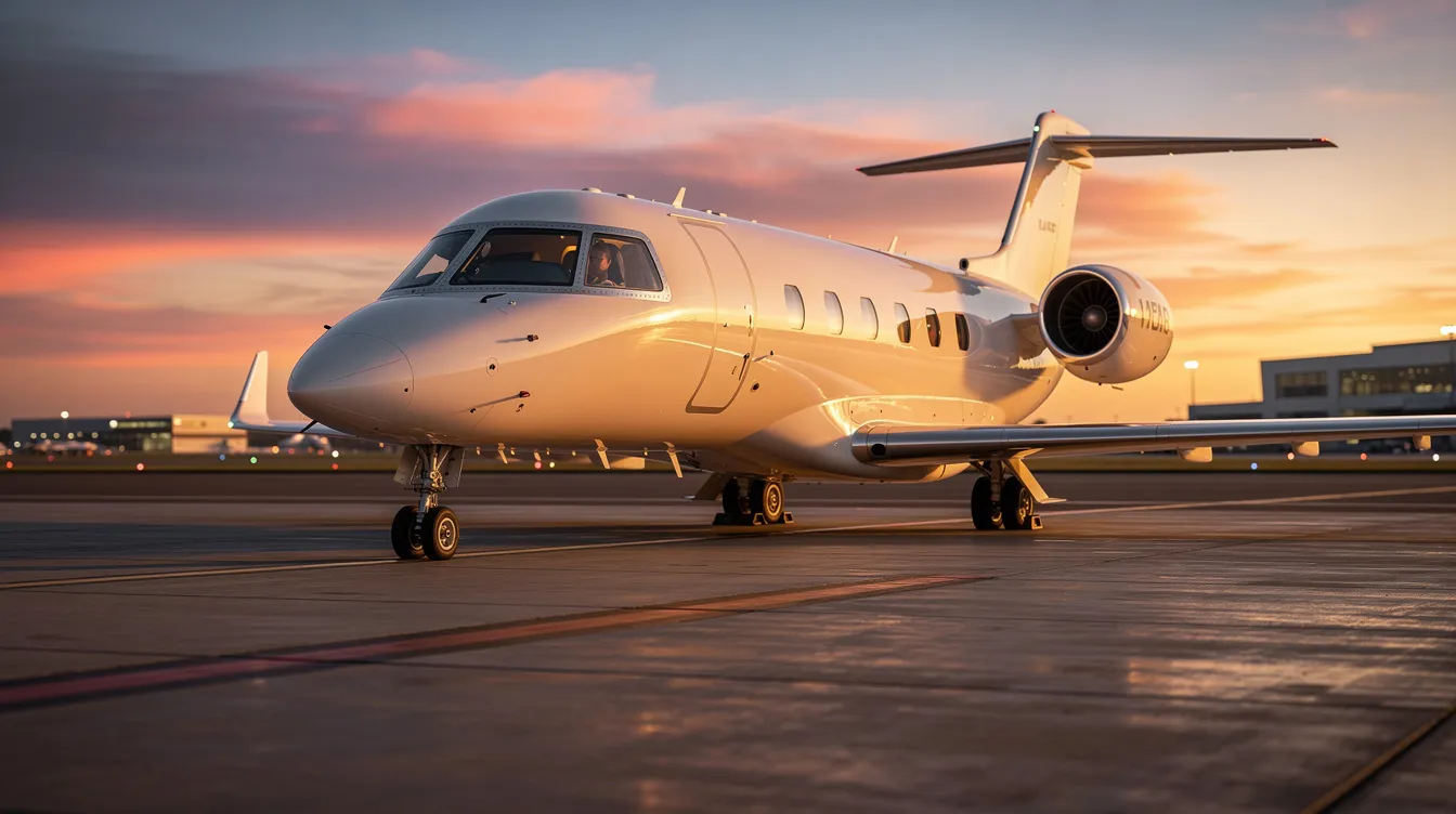A modern light jet, showcasing sleek design and premium materials, is parked on the airport tarmac against a stunning sunset backdrop. This luxury private jet, ideal for business aviation, offers spacious cabins and impressive runway performance, making it a perfect choice for serious buyers seeking efficient travel options.