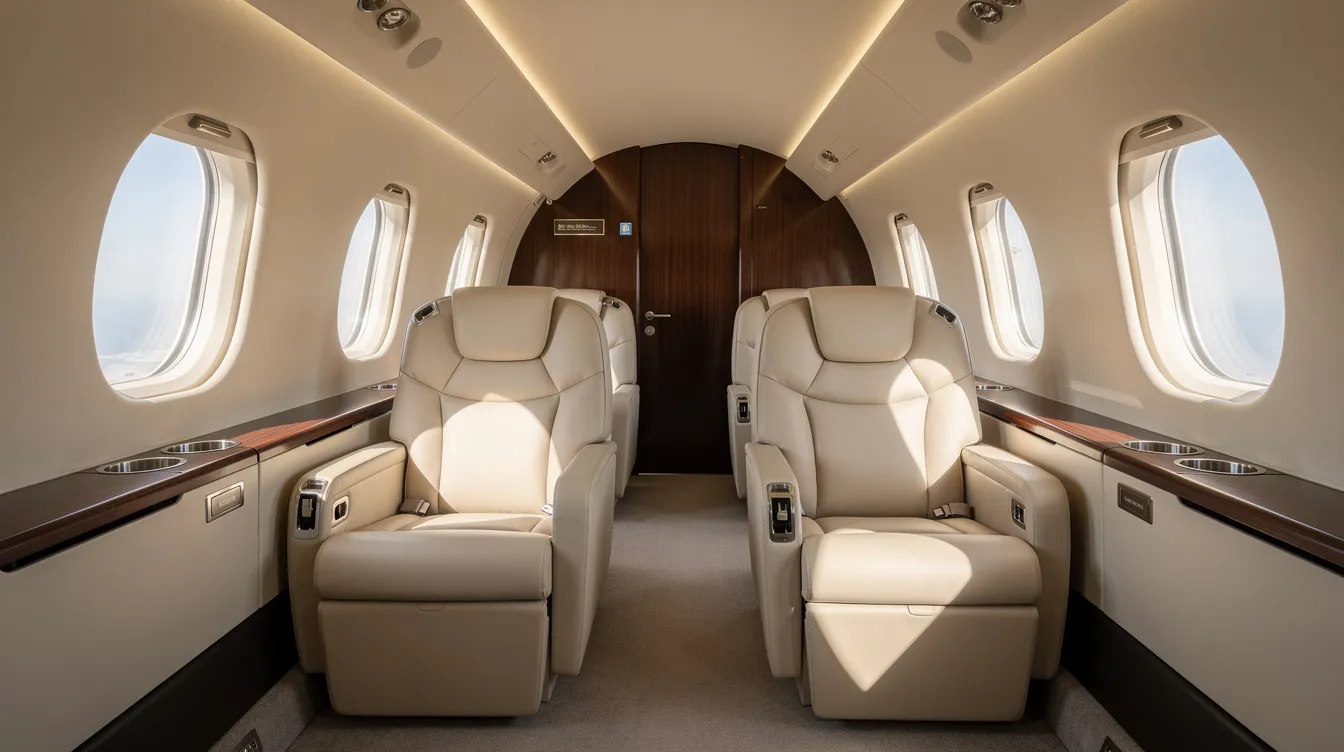 The image depicts the luxurious interior of a private jet, featuring plush leather club seating and abundant natural light streaming through large windows. This spacious cabin is designed for comfort and elegance, providing an ideal environment for business aviation and relaxation during flights.
