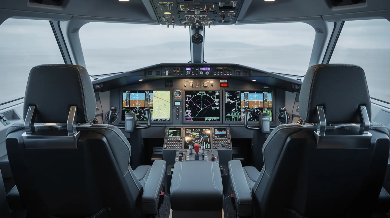 The image depicts a modern cockpit interior of a single engine piston aircraft, featuring high-resolution glass panel displays and luxurious leather seats, designed to provide pilots with advanced avionics and touchscreen controllers for enhanced flight performance and safety. The sleek design and cutting-edge technology reflect the unmistakable presence of Cirrus aircraft in the aviation industry.