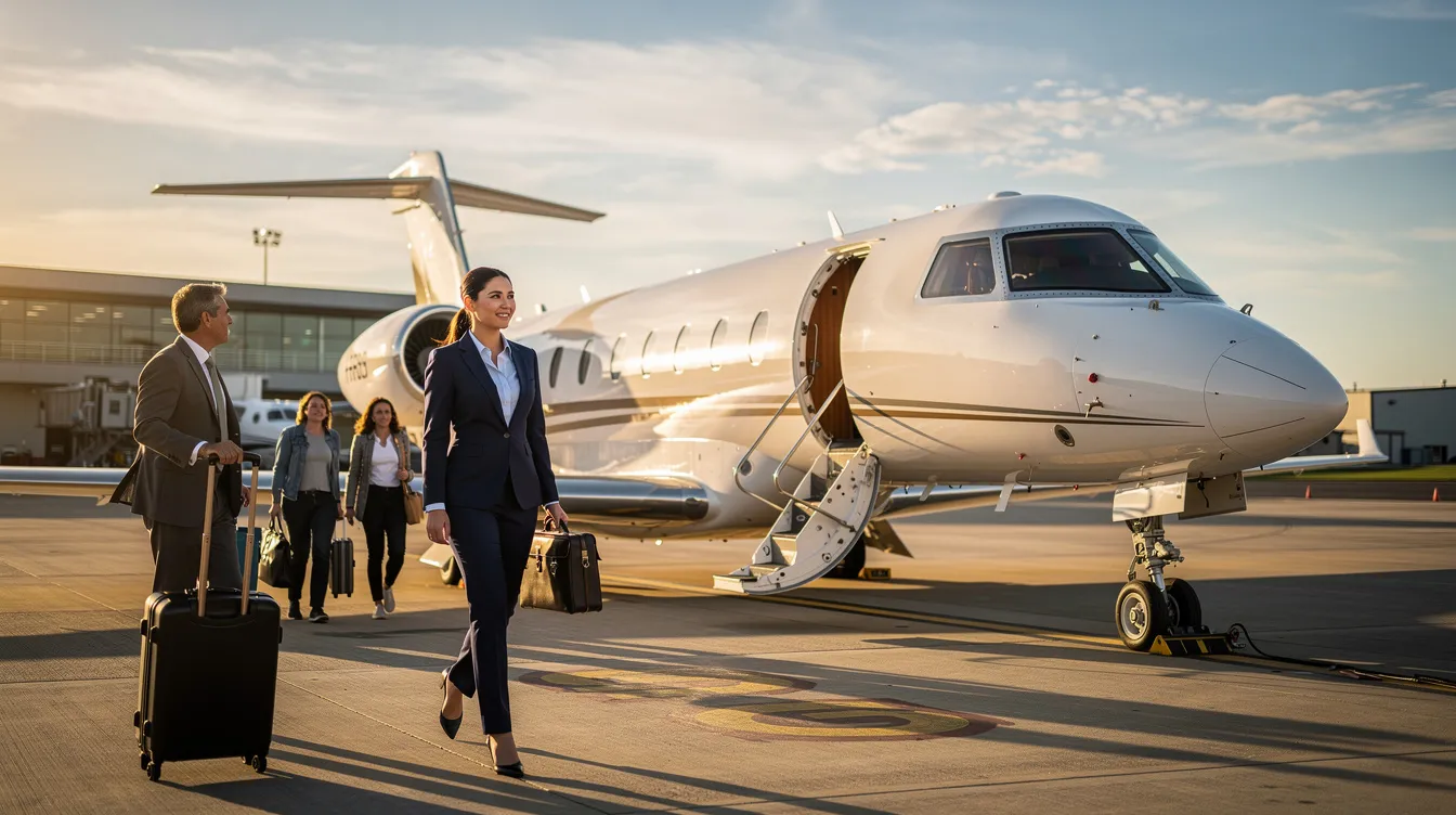 A private single engine piston aircraft is parked on the tarmac, with passengers walking toward it, ready for their flight. This Cirrus aircraft, known for its advanced features like the Cirrus Airframe Parachute System, offers a first-class experience in personal aviation.