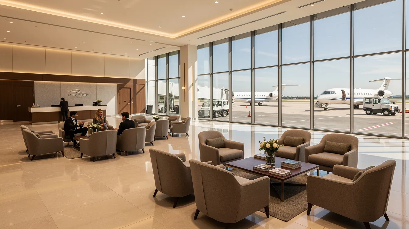 The image depicts the interior of a modern private aviation terminal featuring comfortable seating and large windows that provide a view of various aircraft outside. This inviting space is designed to enhance the experience of travelers, making it ideal for dream summer trips with exceptional service and management by Southern Sky Aviation.