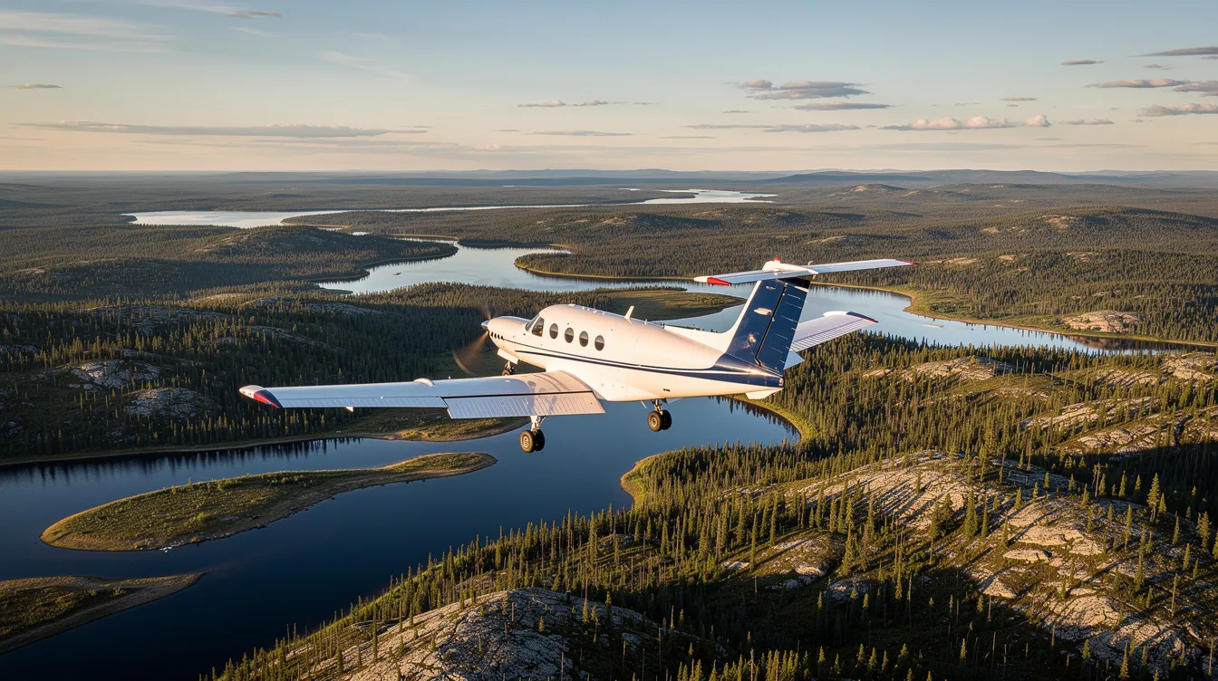 A single-engine turboprop aircraft, part of the fleet operated by Northway Aviation, soars over the stunning northern Canadian lakes and lush forests, showcasing the beauty of the region while providing safe and reliable transportation to remote communities. The aircraft is likely a Cessna Caravan, known for its versatility in accessing hard-to-reach locations.