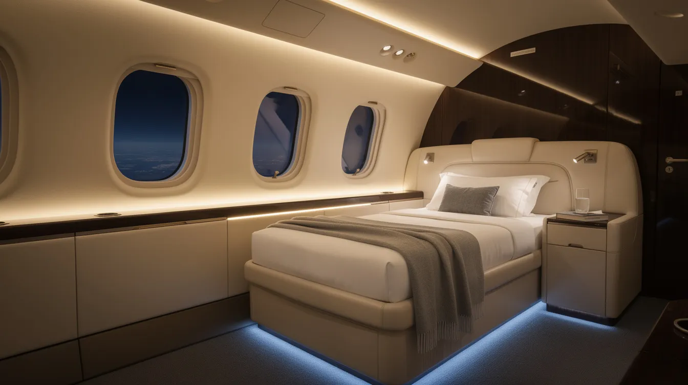 The image showcases the luxurious interior of a private jet, featuring a lie-flat bed configuration complemented by ambient lighting that creates a serene atmosphere. The craftsmanship and attention to detail in the design reflect the quality and comfort expected in a custom model aircraft.