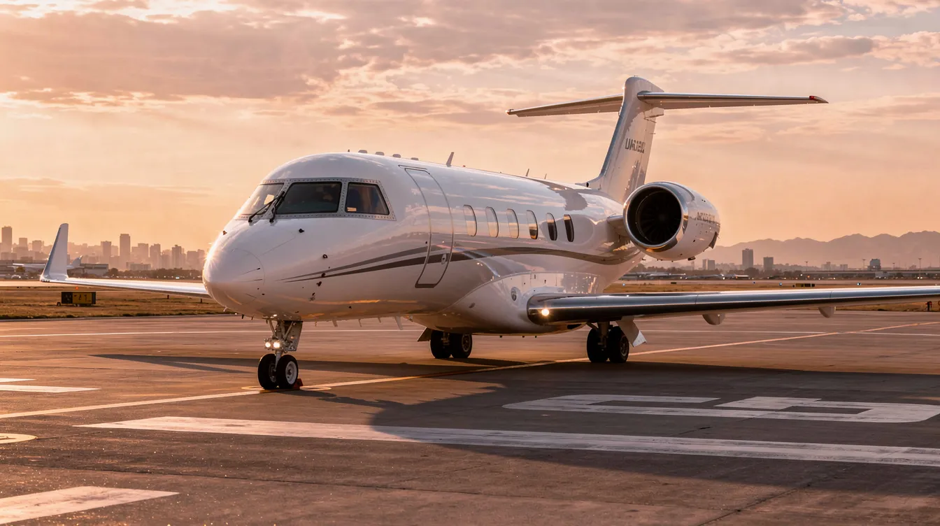 A sleek midsize private jet is parked on a runway, bathed in the warm hues of sunset, showcasing the elegance of private aviation. This image highlights the allure of private flights, symbolizing a luxurious travel experience distinct from commercial air travel.